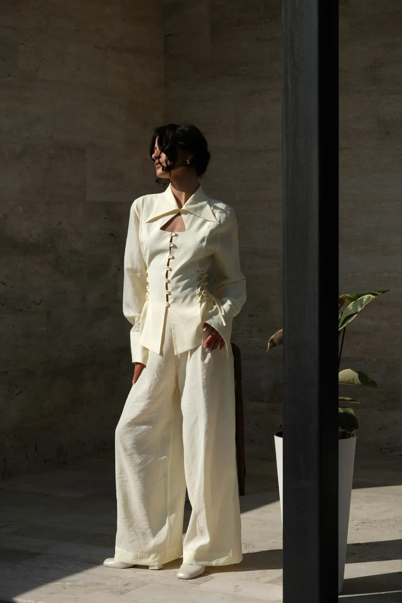 Pale Lemon blazer & wide-leg trousers
