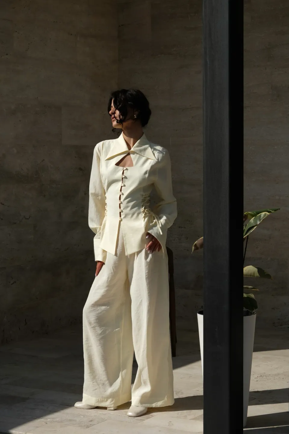 Pale Lemon blazer & wide-leg trousers